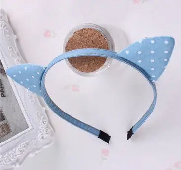 Blue denim cat ear hairband with polka dots for girls, trendy children's hair accessory.