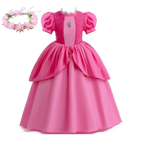 2024 Kids Peach Costume Girls Layered Dress with Floral Crown for Birthday or Halloween Celebration