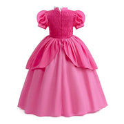Girls ankle-length pink layered dress with short puff sleeves, ideal for summer birthday or Halloween costume.