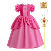 2024 kids peach costume layered dress for girls, includes crown and wand, perfect for summer parties and Halloween.