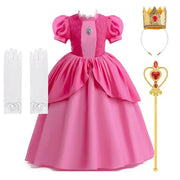 Pink princess costume set for girls, includes gown, gloves, crown, and magic wand for dress-up play and special occasions.