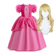 2024 new pink kids dress with layered design and blonde wig for girls' cosplay and summer parties