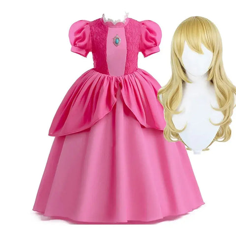 2024 new pink kids dress with layered design and blonde wig for girls' cosplay and summer parties