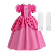 Pink layered princess dress for girls with short sleeves and matching gloves, ideal for summer cosplay and birthday parties.