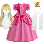 2024 new kids peach princess cosplay costume set with pink layered dress, blonde wig, crown, and white gloves for girls.