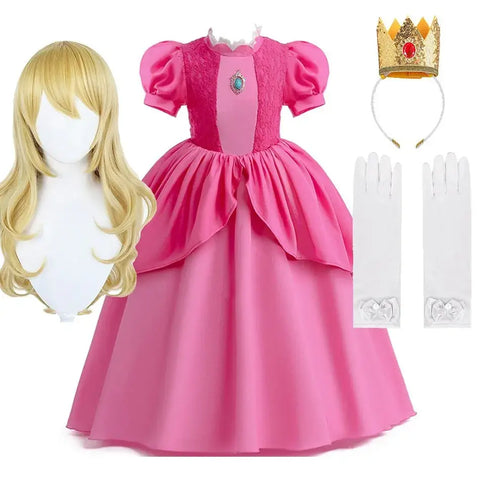 2024 new kids peach princess cosplay costume set with pink layered dress, blonde wig, crown, and white gloves for girls.