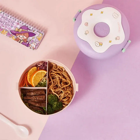 Lunch Box for Kid School Child Snack Box Donut Cartoon Leakproof Bento Box Lunch Bags with Fork Spoon 3 Compartment Microwavable