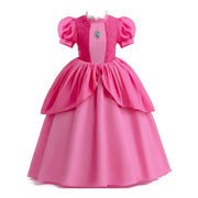 Kids pink layered dress with short sleeves and gem decoration, perfect for summer birthdays or Halloween cosplay.