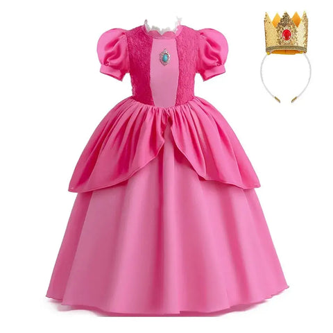 Kids pink layered dress with short puff sleeves and crown accessory, perfect for summer birthdays and Halloween costumes.
